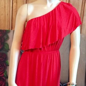 Coral & green one shoulder with ruffle mini dress